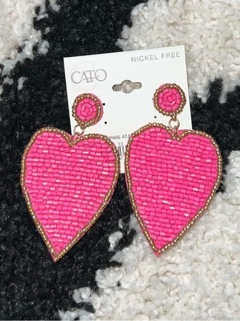 Cato Hot Pink Beaded Heart Drop Earrings with Gold Trim